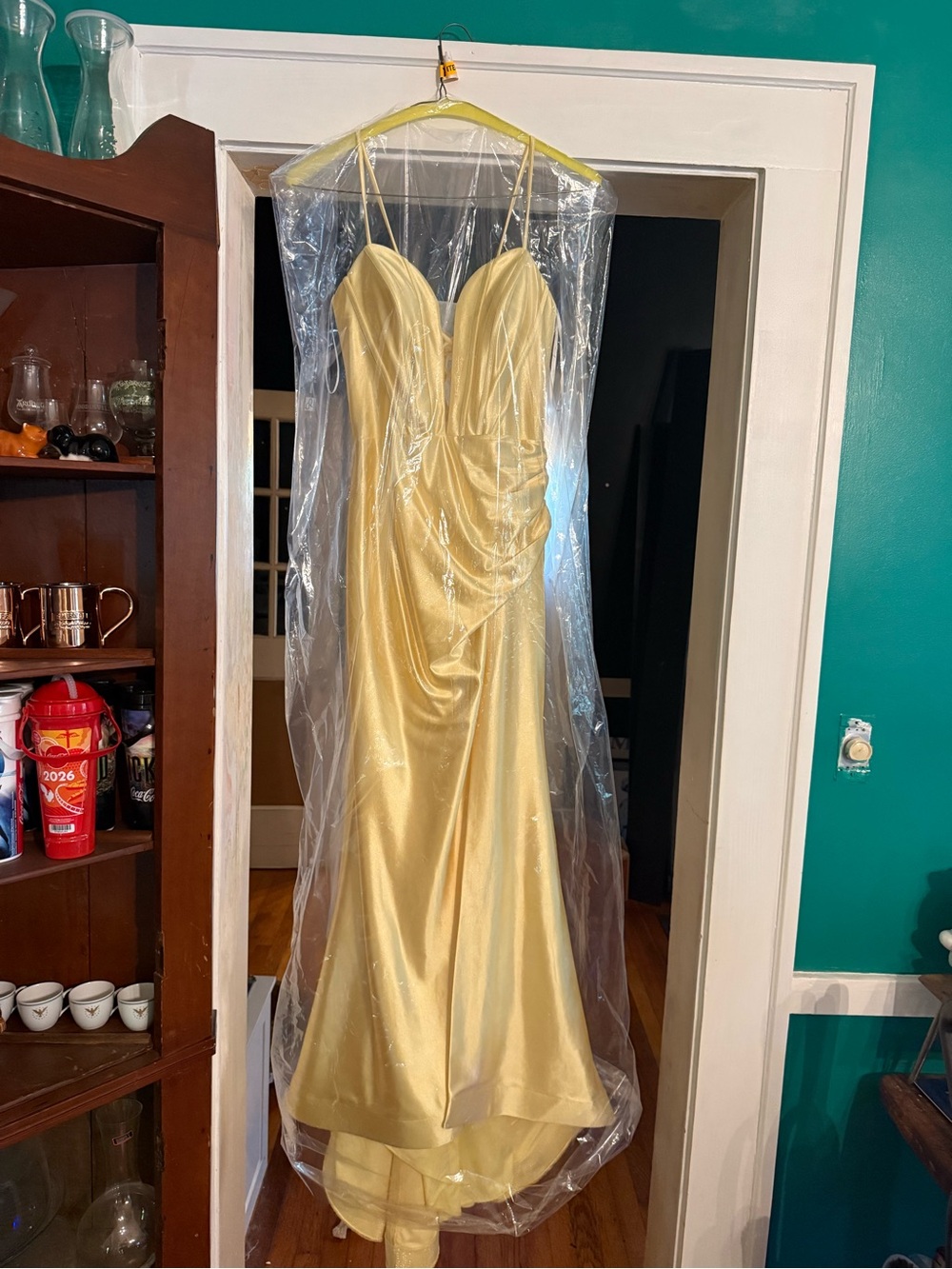 Camille La Vie Yellow Satin Gown with Sweetheart Neckline